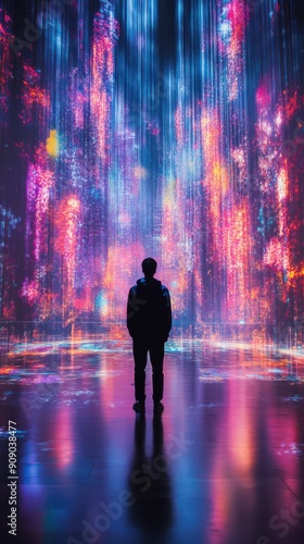 A man stands in front of a colorful, neon-lit room. The room is filled with bright lights and the man is looking up at the ceiling. The scene gives off a feeling of wonder and awe