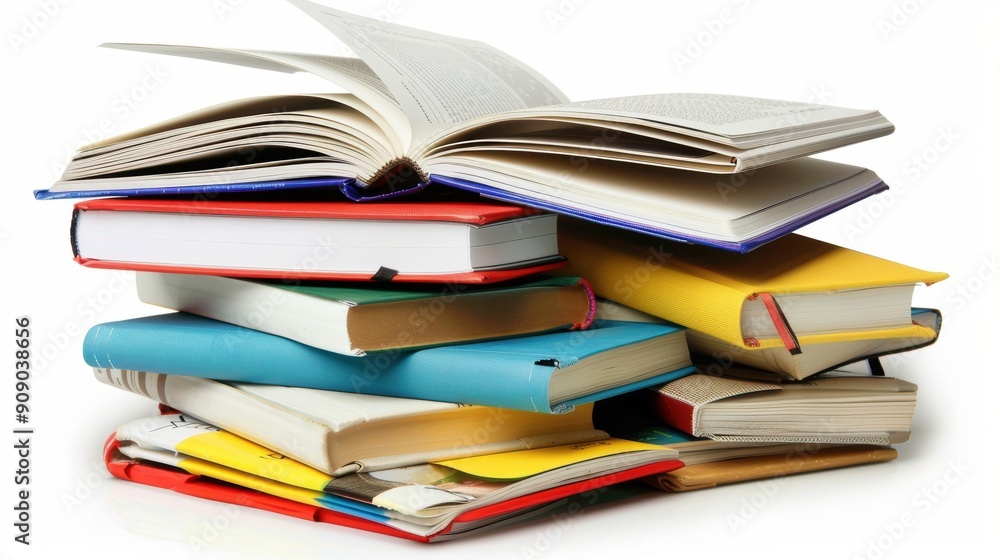 Educational Essentials - Pile of Textbooks and Open Notebook on White Background Educational Essentials - Pile of Textbooks and Open Notebook on White Background