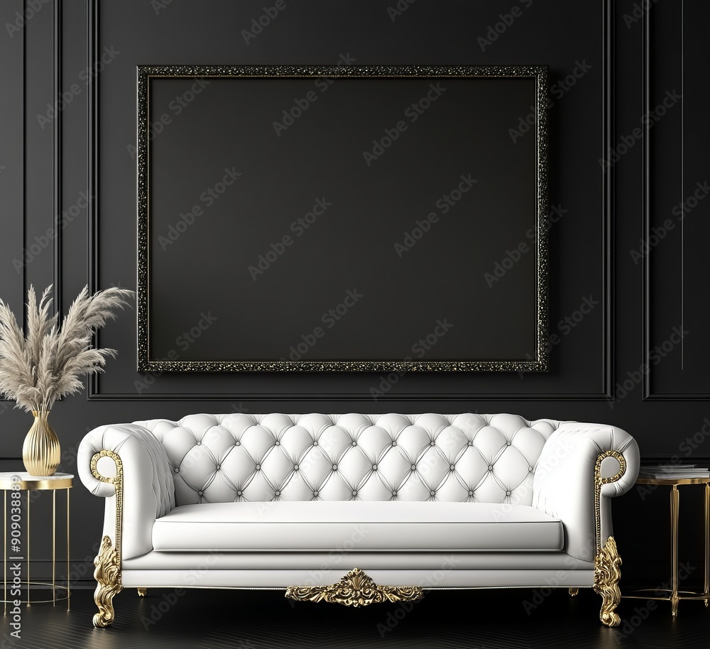 custom made wallpaper toronto digitalElegant luxury interior with white chesterfield sofa, black walls, and decorative frame. Stylish and sophisticated living room setting.