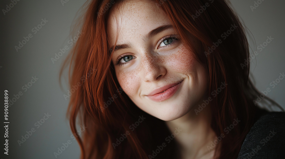 Softly lit studio portrait of a freckled young woman, smiling with natural beauty and grace Softly lit studio portrait of a freckled young woman, smiling with natural beauty and grace