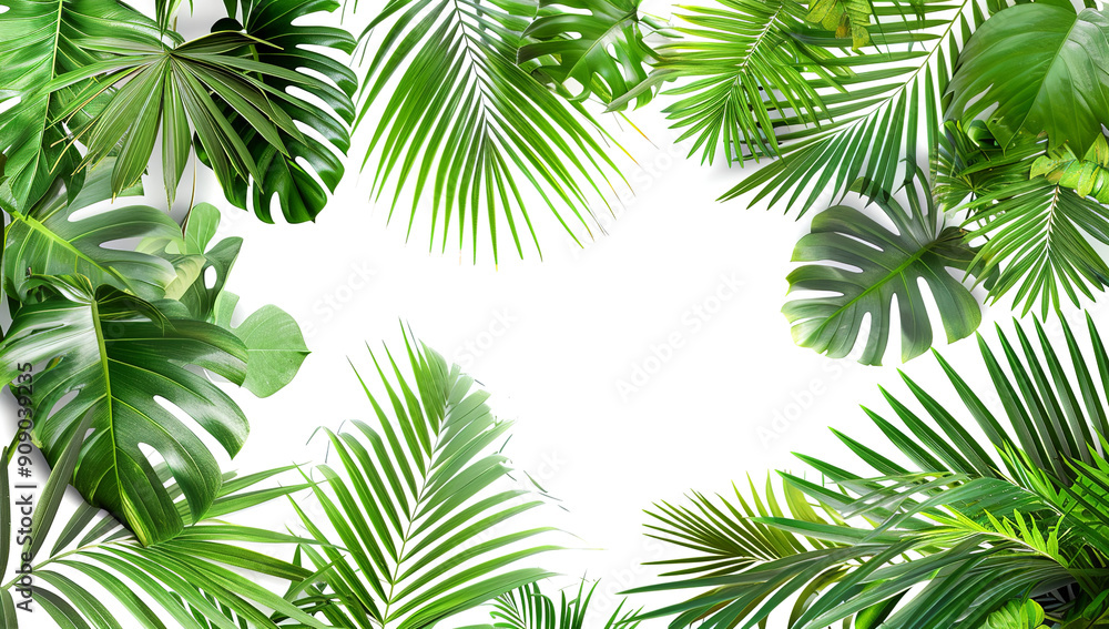 Palm leaves and tropical plants on a white background, shown from... Palm leaves and tropical plants on a white background, shown from...