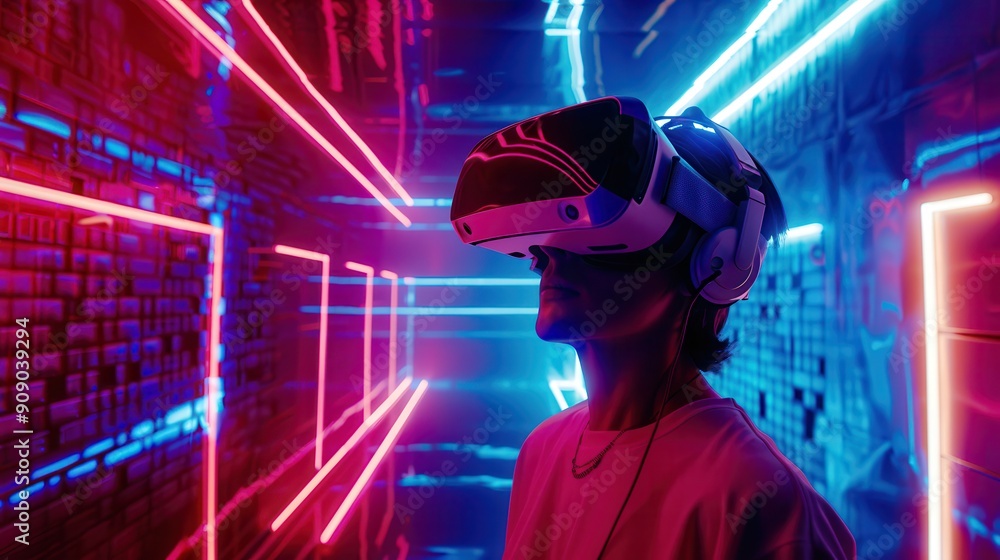 Virtual reality with users immersed in futuristic VR environments. Virtual reality with users immersed in futuristic VR environments.