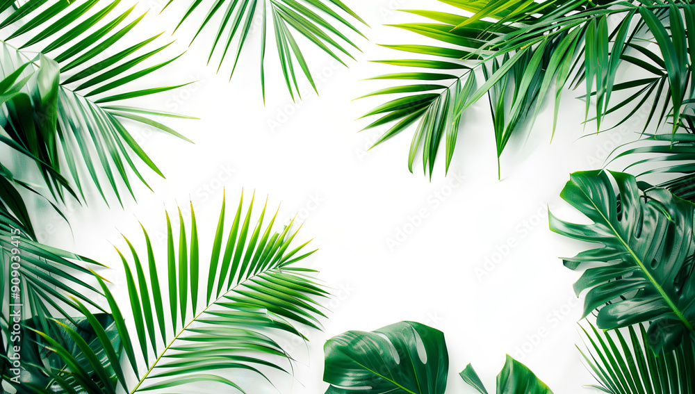 Palm leaves and tropical plants on a white background in a flat... Palm leaves and tropical plants on a white background in a flat...