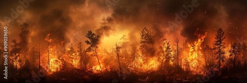 A forest is engulfed in flames, with trees being consumed by fire while thick smoke and ash rise into the evening sky. Generative AI