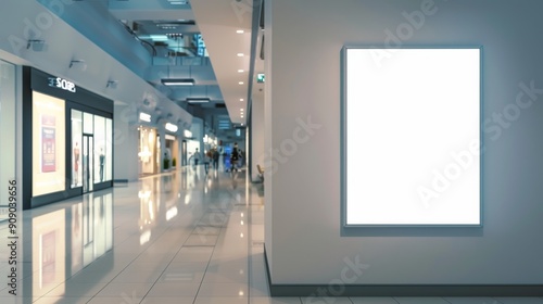 Blank Advertisement Sign in Modern Shopping Mall Hallway