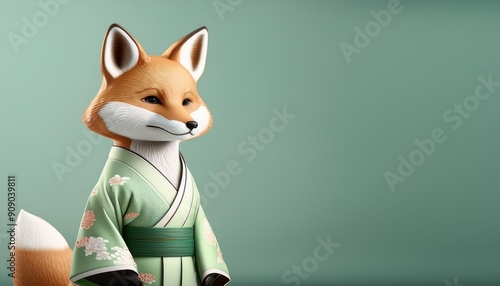 3D animated fox standing sideways three quarters in a pastel, light Green and white kimono.