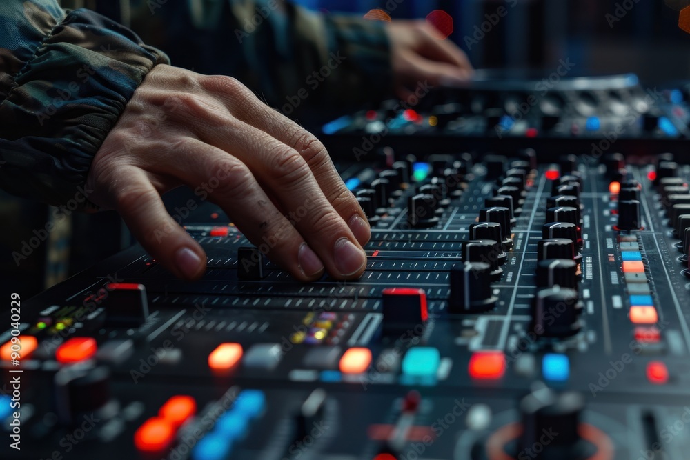 A close-up of a DJ's hand adjusting settings on a professional sound mixer in a vibrant music setting. A close-up of a DJ's hand adjusting settings on a professional sound mixer in a vibrant music setting.