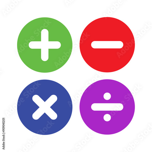 Vector illustration of set of mathematical symbols. Calculations and mathematical operations. Basic operations with numbers. Circular icons of addition, subtraction, multiplication and others.