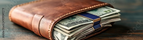 A close-up of a stylish leather wallet filled with neatly stacked cash, showcasing luxury and financial management.