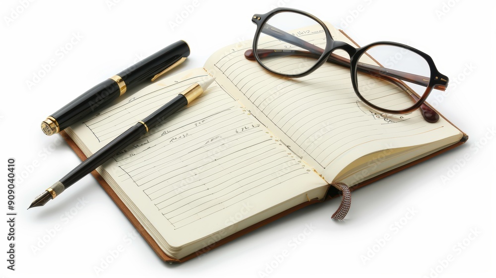 Creative Workspace with Writing Tools and Notebook on White Background Creative Workspace with Writing Tools and Notebook on White Background
