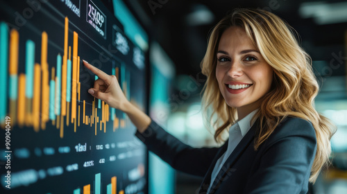 A confident businesswoman analyzing data trends on a digital screen in a modern office  showcasing professional expertise and teamwork.