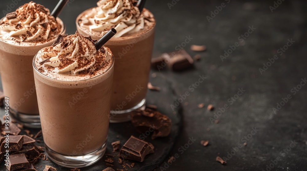 Three Chocolate Milkshakes with Whipped Cream and Chocolate Shavings Three Chocolate Milkshakes with Whipped Cream and Chocolate Shavings