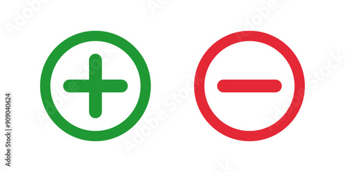 green plus and red minus symbols, Positive an negative round thin line vector signs. Mathematical symbols, add, subtract, right and wrong, pros and cons.