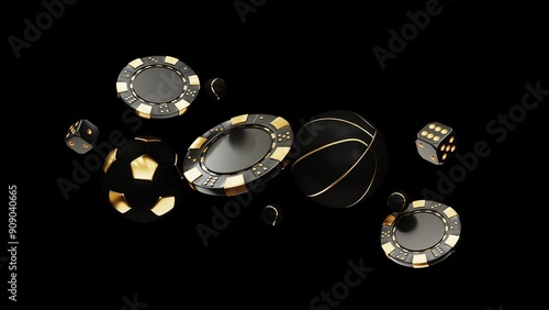 Sports betting, sports gambling - 3d render. Background concept for casino and sports ball games. Flying chips for online casinos and mobile gambling applications, poker - winner, wealth concept.