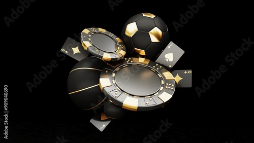 Sports betting, sports gambling - 3d render. Background concept for casino and sports ball games. Flying chips for online casinos and mobile gambling applications, poker - winner, wealth concept.