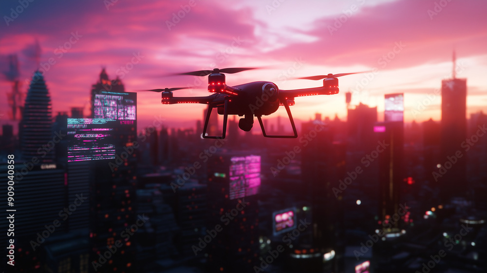 Futuristic city skyline at sunset with flying drones and holographic billboards, blending 2D and 3D elements seamlessly Futuristic city skyline at sunset with flying drones and holographic billboards, blending 2D and 3D elements seamlessly