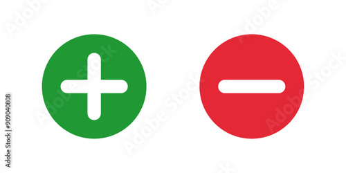 green plus and red minus symbols, Positive an negative round thin line vector signs. Mathematical symbols, add, subtract, right and wrong, pros and cons.