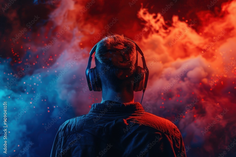 A person with headphones gazes into a vibrant, colorful smoke-filled atmosphere, representing a connection to music and emotions. A person with headphones gazes into a vibrant, colorful smoke-filled atmosphere, representing a connection to music and emotions.