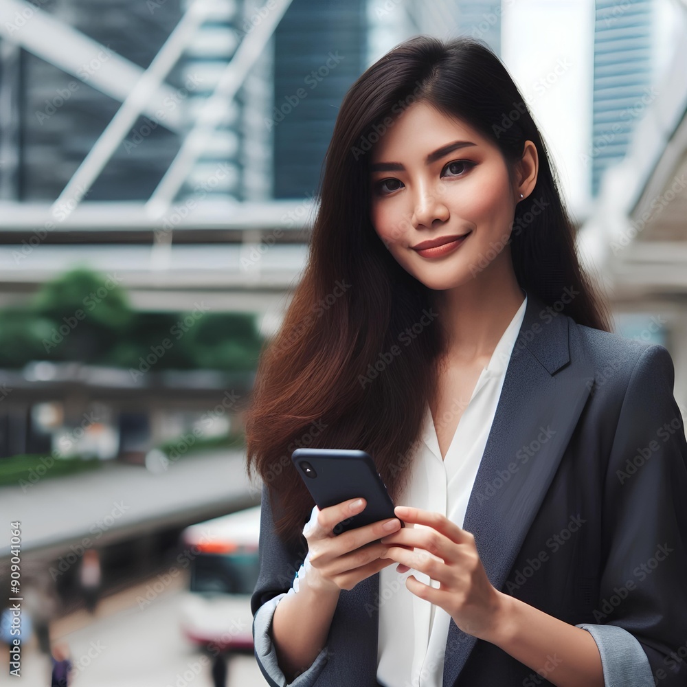 An attractive Asian businesswoman is walking in the city with a smartphone in her hand. An attractive Asian businesswoman is walking in the city with a smartphone in her hand.