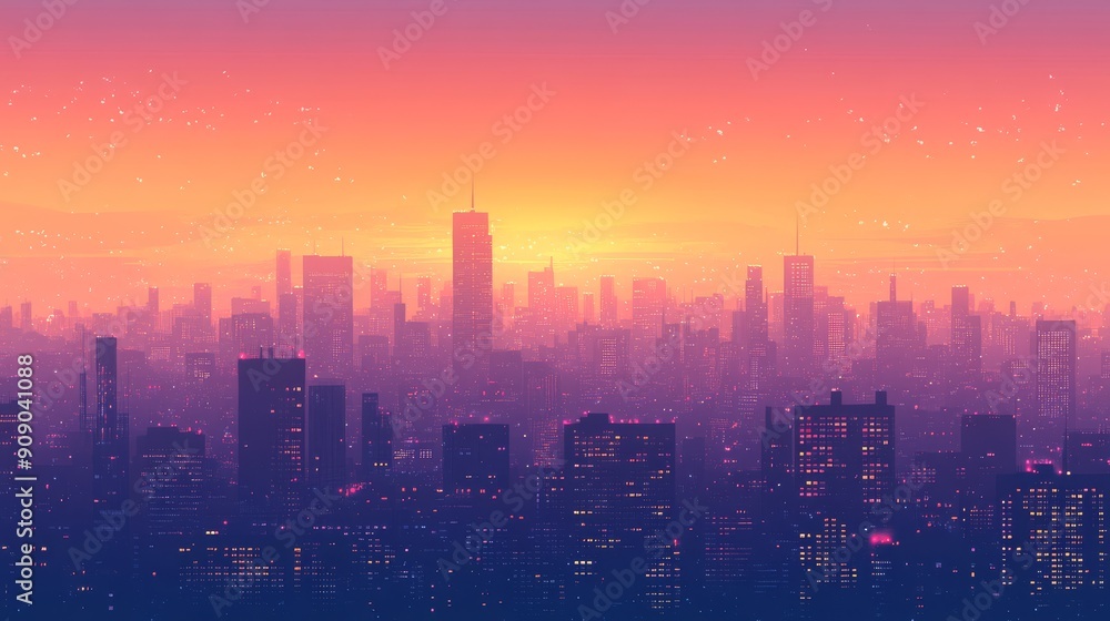A Cityscape at Sunset with a Silhouetted Skyline and Scattered Lights A Cityscape at Sunset with a Silhouetted Skyline and Scattered Lights