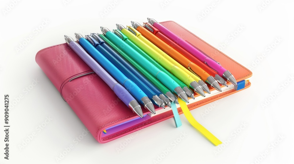 Fototapeta premium Organized School Supplies - Colorful Pens Set on White Background with Binder for Education and Study Planning