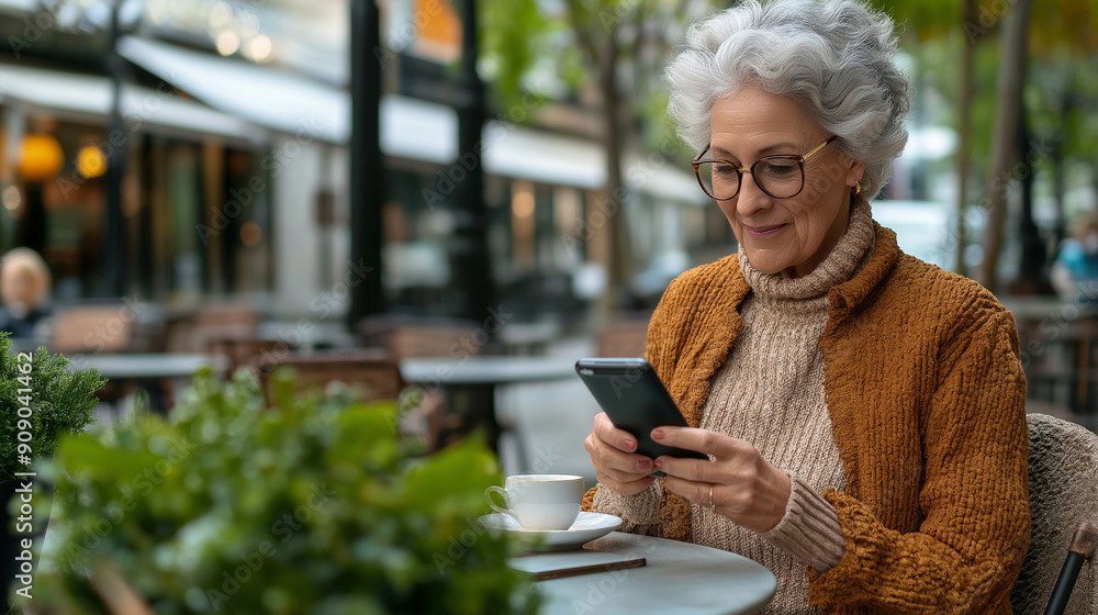 Elegant older woman in trendy clothes, typing on her smartphone while enjoying a cup of coffee at a modern outdoor café Elegant older woman in trendy clothes, typing on her smartphone while enjoying a cup of coffee at a modern outdoor café
