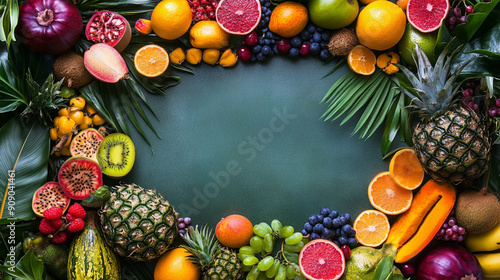 fresh fruit frame, apple, lemon, grape, pineapple, giwi , berry, copy text space photo