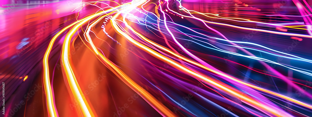 Abstract light trails in yellow pink and blue colors, a dynamic and vibrant image for technology, speed, and movement. Abstract light trails in yellow pink and blue colors, a dynamic and vibrant image for technology, speed, and movement.