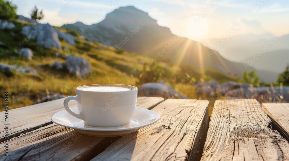 A Cup of Coffee on a Wooden Table with a Mountain View and Sunrise A Cup of Coffee on a Wooden Table with a Mountain View and Sunrise