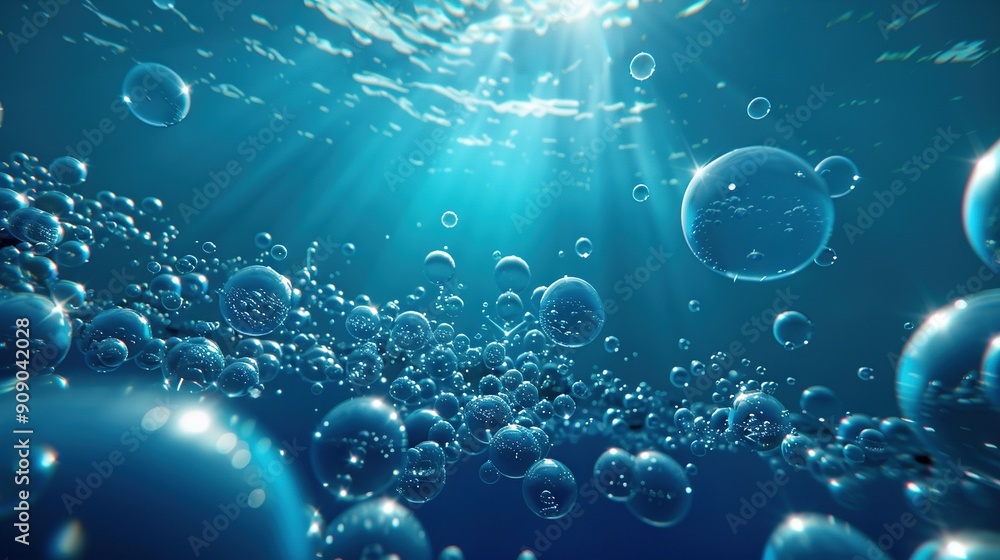 A collection of air bubbles drifting above a deep azure sea bathed in golden sunlight A collection of air bubbles drifting above a deep azure sea bathed in golden sunlight