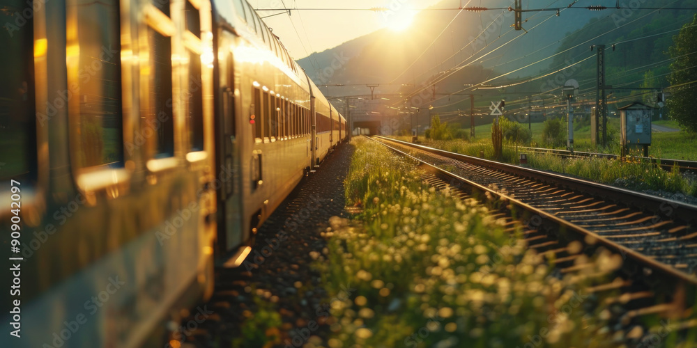 Obraz premium Train traveling on tracks during sunset, highlighting transportation, travel, and scenic views with golden sunlight in the background.