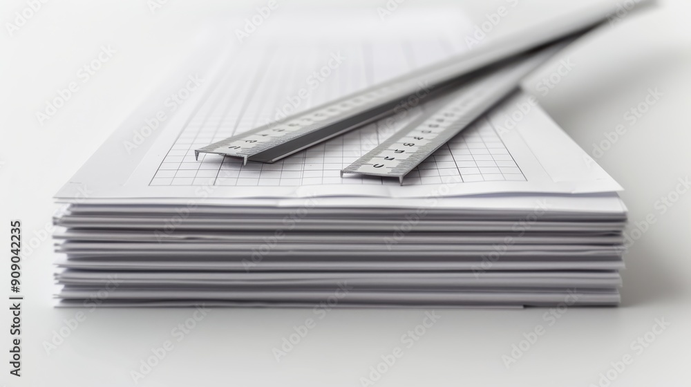 Precision Tools: Stack of Graph Paper and Ruler on White Background Precision Tools: Stack of Graph Paper and Ruler on White Background
