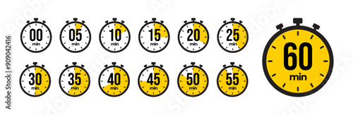 0, 5, 10, 15, 20, 25, 30, 35, 40, 45, 50, 55, 60 min Timer, clock, stopwatch yellow isolated set icons. Countdown timer symbol icon set. Label cooking time. Vector illustration photo