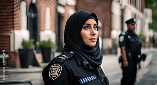 Female police officer wearing hijab.