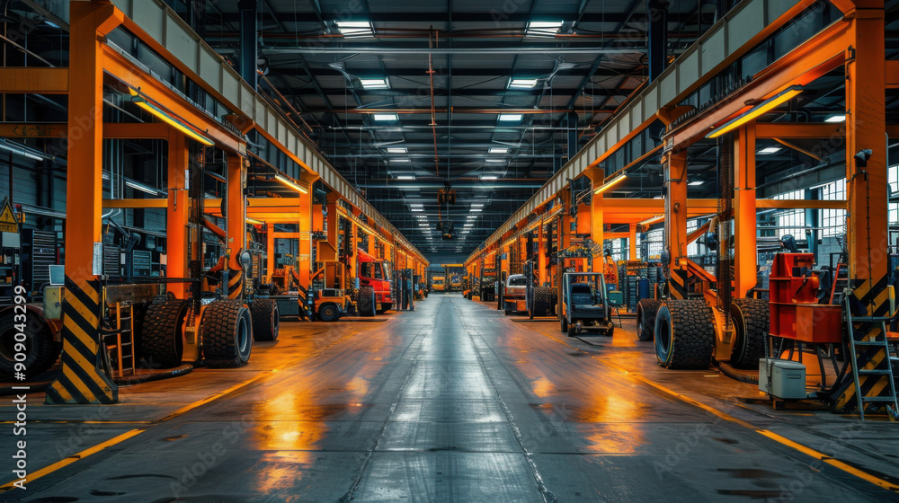 A large industrial factory interior with heavy machinery and equipment, featuring symmetrical rows of orange support beams and vehicles. A large industrial factory interior with heavy machinery and equipment, featuring symmetrical rows of orange support beams and vehicles.