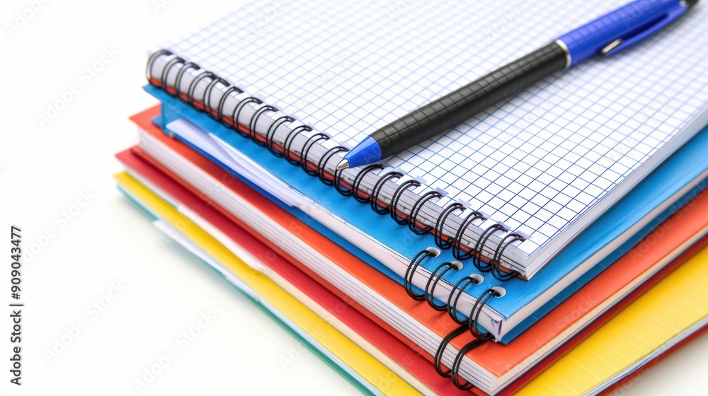 Fototapeta premium Organized Stack of Graph Paper Notebooks with Pen on White Background