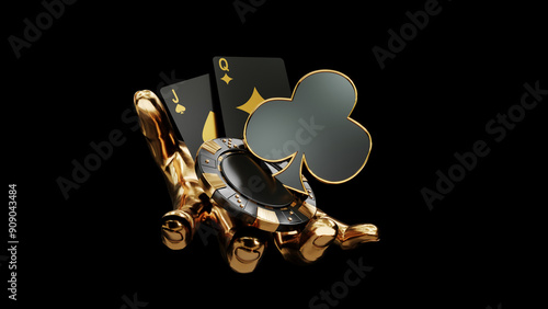 Casino chips, cubes, roulette, drum  on dark black background - 3d render. Flying chip in handbreadth for online casinos and mobile gambling applications, poker - winner, wealth concept. Luck in hand.