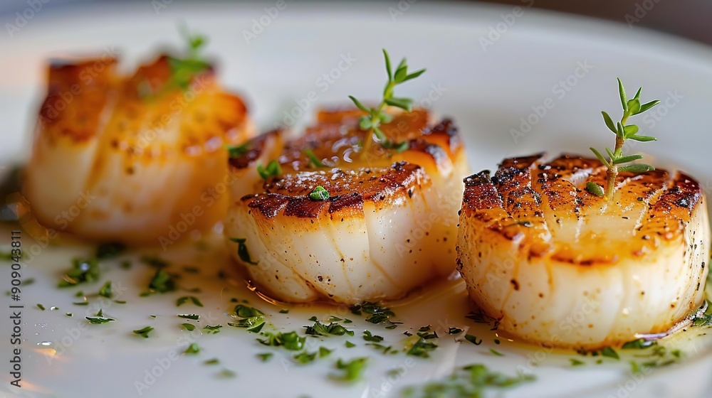 Delicious Seared Scallops with Herbs on a White Plate - Food Photography Delicious Seared Scallops with Herbs on a White Plate - Food Photography