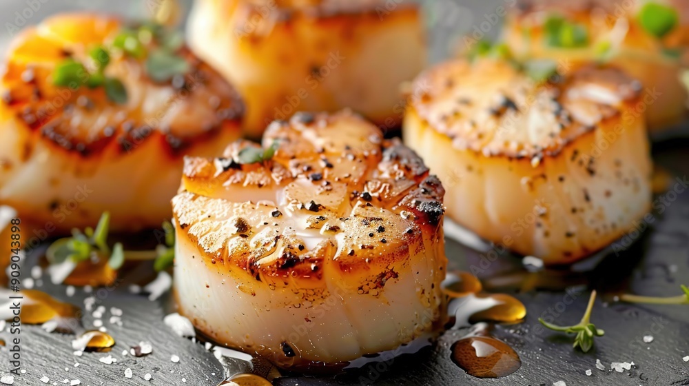 Close-Up of Pan-Seared Scallops with Thyme and Butter on a Slate Plate - Food Photography Close-Up of Pan-Seared Scallops with Thyme and Butter on a Slate Plate - Food Photography