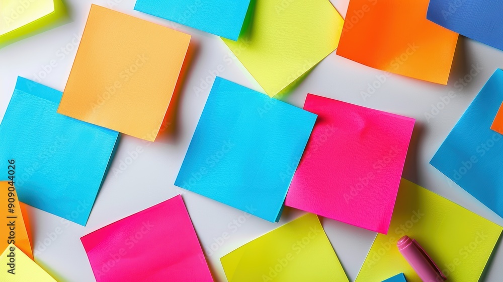 Bright Collection of Colorful Sticky Notes and Highlighters on Clean White Background Bright Collection of Colorful Sticky Notes and Highlighters on Clean White Background