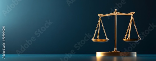 A golden balance scale on the table against a law background with a dark blur effect. The concept of justice