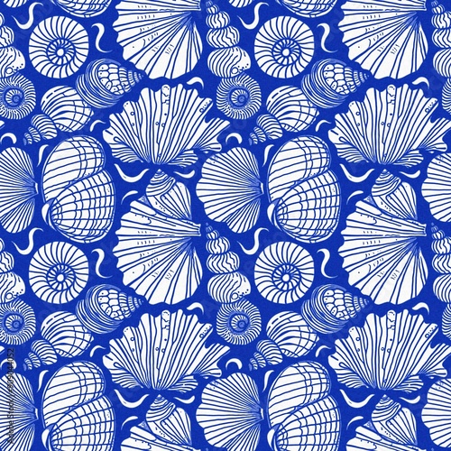 Azure blue white shell motif with linen seamless batik background, Modern coastal beach cottage rustic shell block print home decor pattern design in sealife beach style. photo