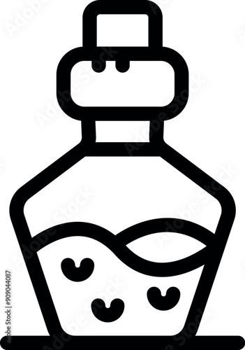 Corked glass jar filled with a magic potion is standing on a table, simple black and white outline