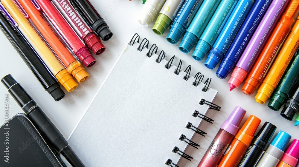 Fototapeta premium Vibrant Set of Colored Markers and Sketchpad on White Background for Artistic Creativity