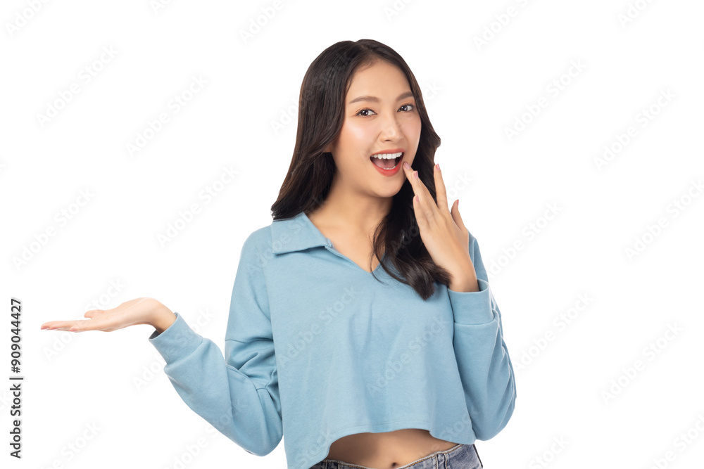 Excited beautiful young asian woman holding copy space imaginary on beauty palm for insert advertisement, happiness and smile face Attractive beautiful girl portrait Excited beautiful young asian woman holding copy space imaginary on beauty palm for insert advertisement, happiness and smile face Attractive beautiful girl portrait