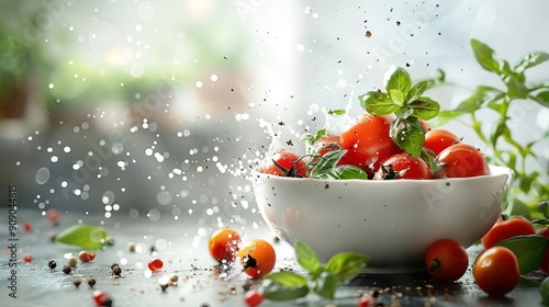 Fresh Tomatoes and Basil in a White Bowl with Water Splashing Photo