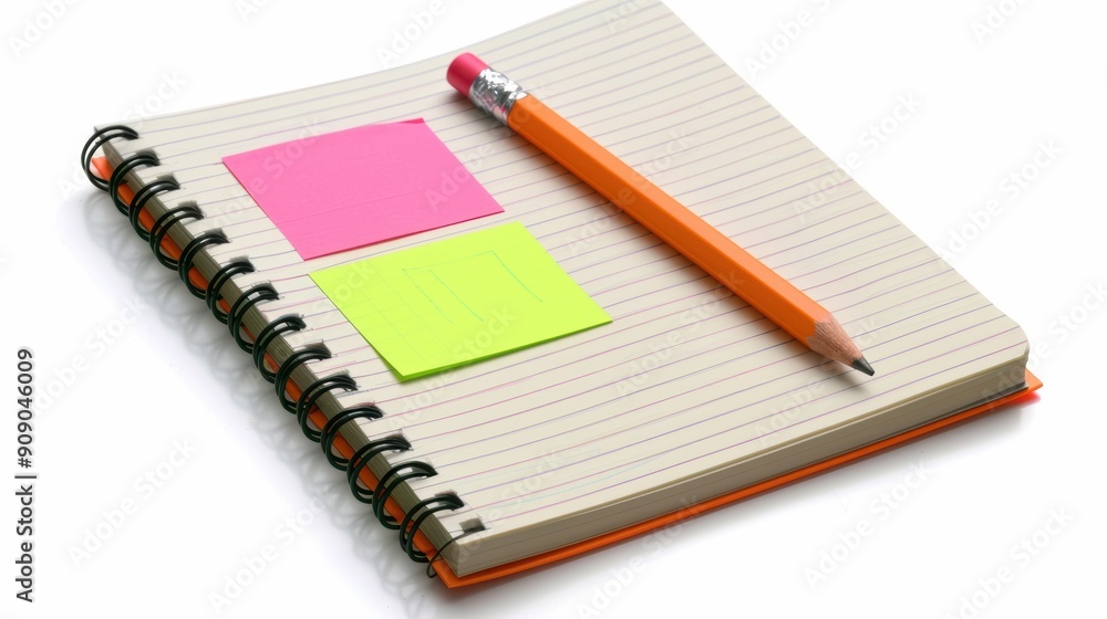 Organized Workspace Concept - Open Spiral Notebook with Pencil and Sticky Notes on White Background Organized Workspace Concept - Open Spiral Notebook with Pencil and Sticky Notes on White Background