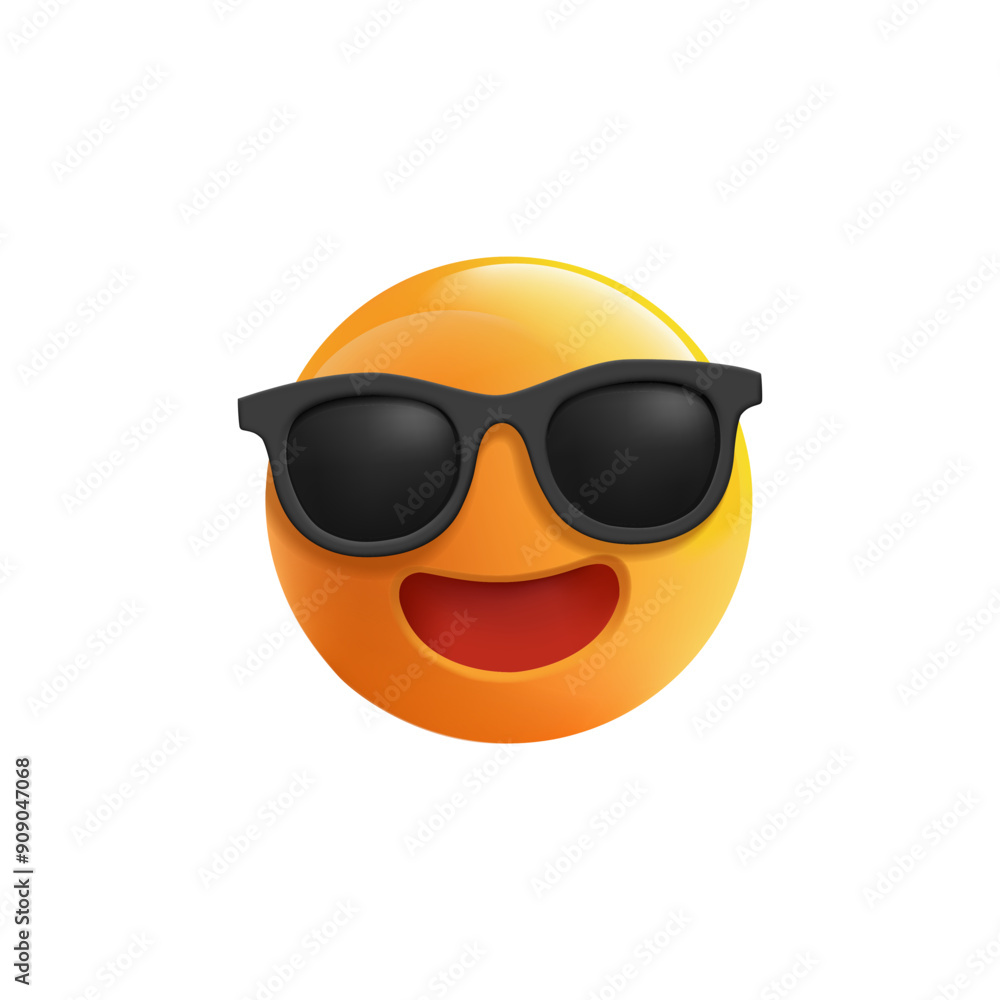 Yellow emoticon smiling in sunglasses, 3D. Beautiful emoji image for advertising concepts. Rest, emotion, summer, sun, positive. Vector illustration. Yellow emoticon smiling in sunglasses, 3D. Beautiful emoji image for advertising concepts. Rest, emotion, summer, sun, positive. Vector illustration.