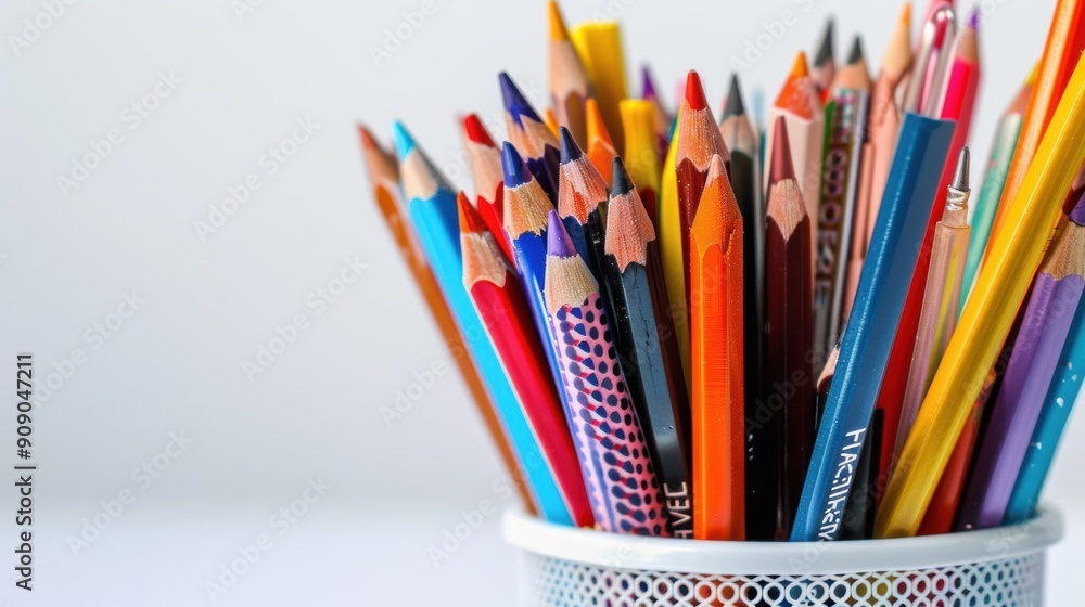 Organized Collection of Pens and Pencils in Holder on White Background Organized Collection of Pens and Pencils in Holder on White Background