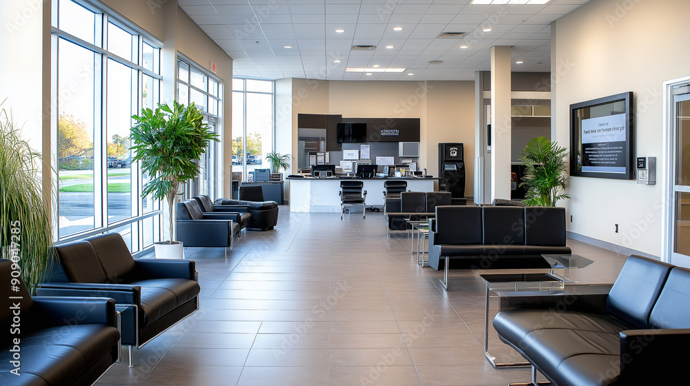Auto repair shop with a clean, modern waiting area featuring comfortable seating and a view of the service bays Auto repair shop with a clean, modern waiting area featuring comfortable seating and a view of the service bays